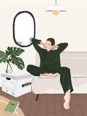 A concept illustration of lifestyle - a woman wearing pajamas is stretching at home