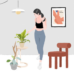 A woman wearing active wear is caring plants - a concept illustration of lifestyle