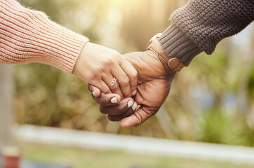 Love, support and trust hands of black couple in marriage together with care, romance and unity. Soulmate, married and man with woman holding hands for romantic bonding moment in nature zoom. - Powered by Adobe