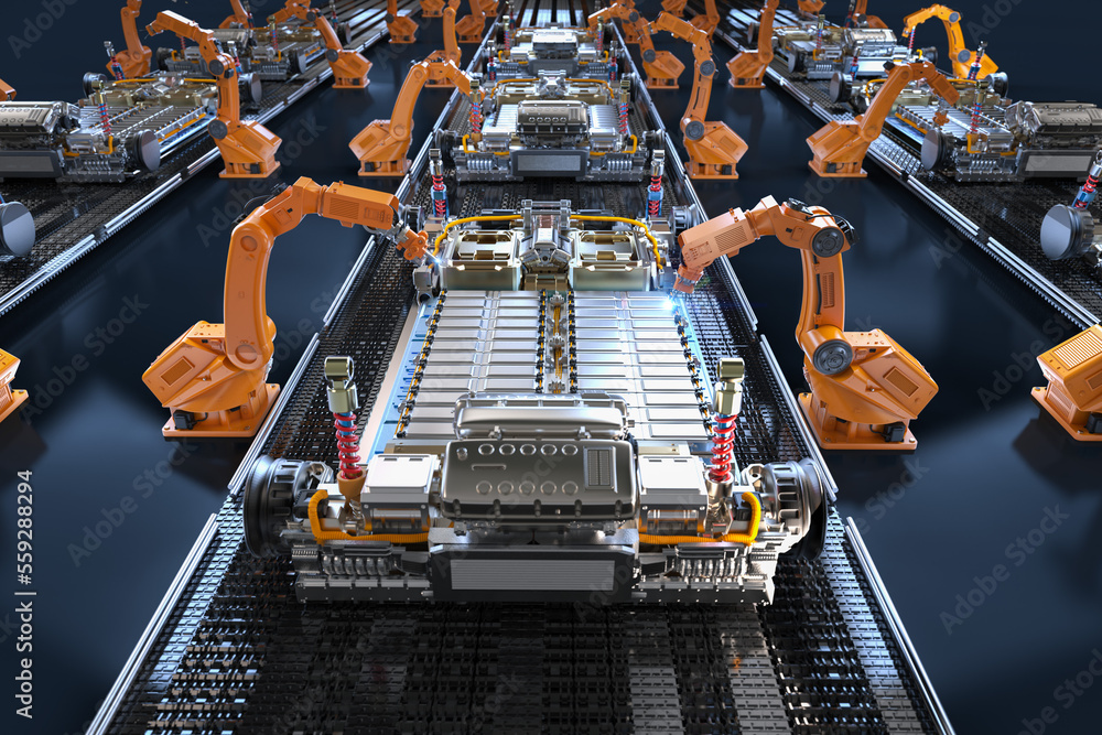 Poster robot assembly line with electric car battery cells module on platform