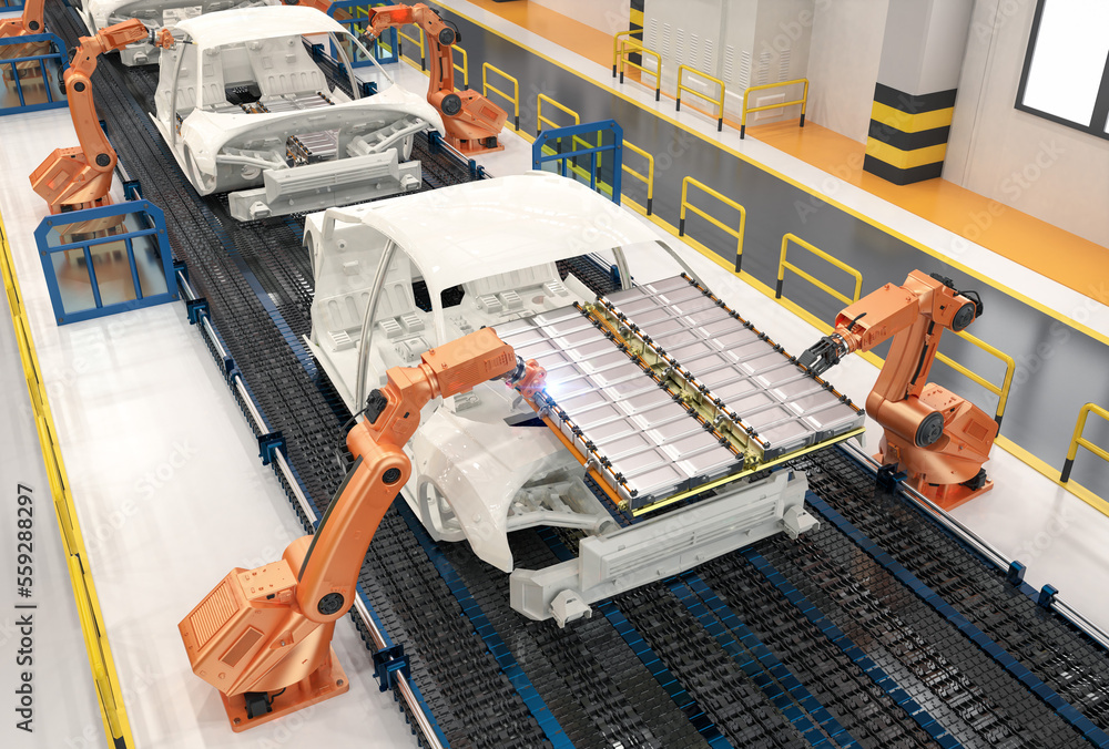 Poster robot assembly line with electric car battery cells module on platform