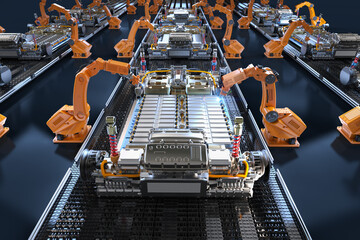 Robot assembly line with electric car battery cells module on platform - obrazy, fototapety, plakaty