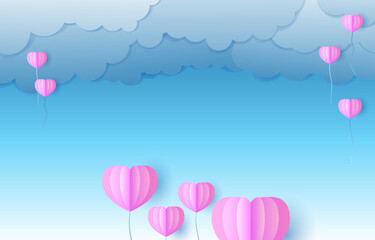 Fototapeta na wymiar Pink Balloon Hearts blue sky paper cut clouds. Place for text. Happy Valentine's day sale header or voucher template Poster or banner