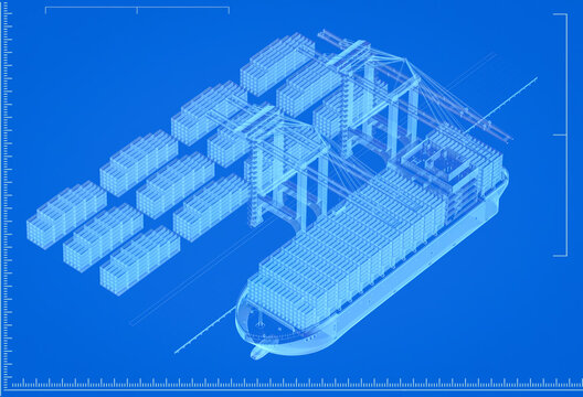 Blueprint of cargo ship or vessel with containers at terminal port