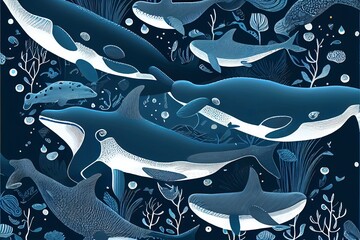 Marine seamless pattern with whales