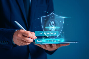 Protect your company's digital data with fingerprint scanning and password for identity verification double protection. Cloud computing, Smart industry, Internet of things, big data