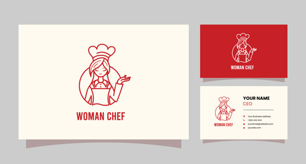 Fototapeta na wymiar Monoline style female chef logo with business card
