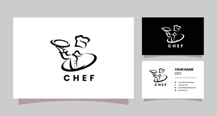 simple minimalist logo chef lifting plate with business card