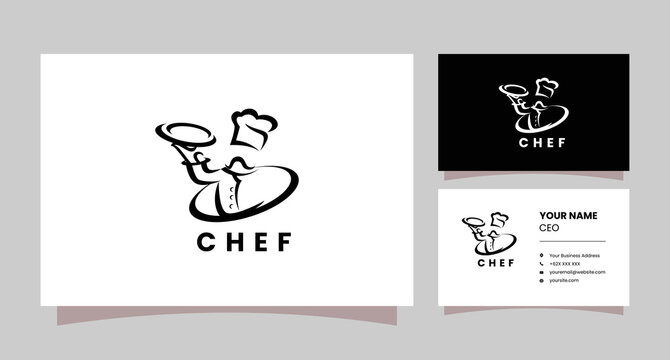 simple minimalist logo chef lifting plate with business card