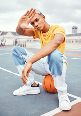 Basketball, fashion and portrait of black man on basketball court with hand frame for beauty, style...