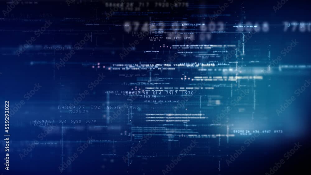 Poster Futuristic abstract de-focus data matrix, meta, metaverse, telemetry and encrypt numbers display with particles simulation in cyber space environment for head up display background