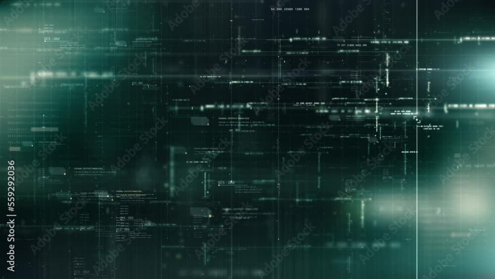 Poster Futuristic abstract de-focus data matrix, meta, metaverse, telemetry and encrypt numbers display with particles simulation in cyber space environment for head up display background