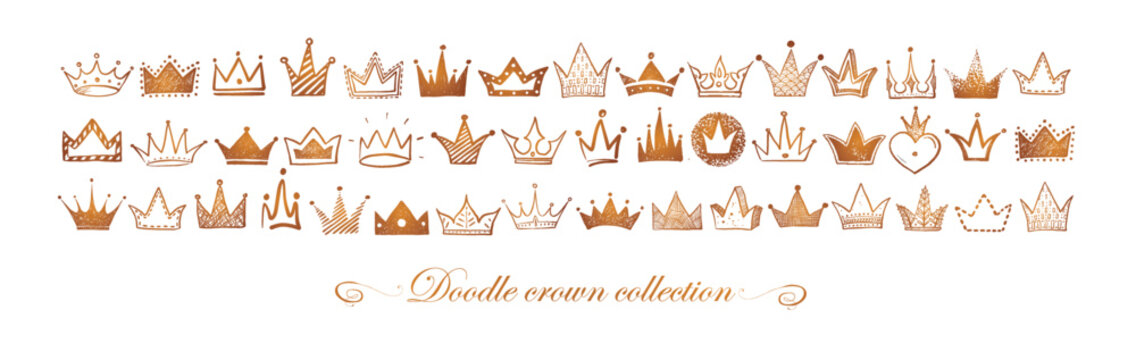 Horizontal composition with collection of glowing doodle crowns on white background. Vector sketch illustration