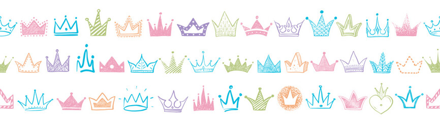 Seamless background with colored doodle crowns on white background. Can be used for wallpaper, pattern fills, textile, web page background, surface textures