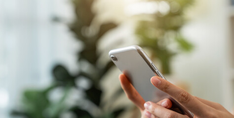 Hand holding smartphone with using social media on internet.