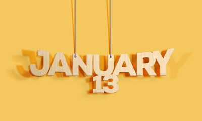 3D Wood decorative lettering hanging shape calendar for January 13 on a yellow background Home...