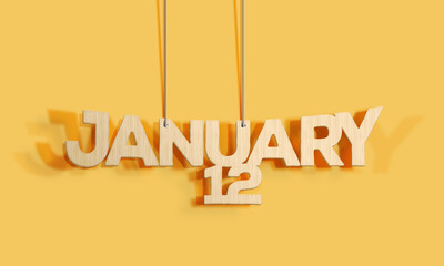 3D Wood decorative lettering hanging shape calendar for January 12 on a yellow background Home Interior and copy-space. Selective focus,3D illustration