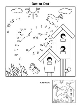 Springtime bird dot-to-dot hidden picture puzzle and coloring page with birdhouses and nestlings. Answer included.

