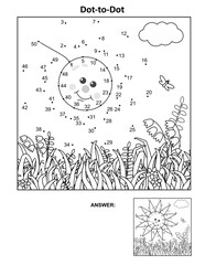 Sun dot-to-dot hidden picture puzzle and coloring page with grass and flowers. Answer included.
