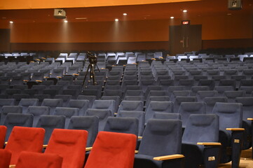 Empty conсert hall. Cinema hall. Blue and Red soft Chairs. Theater Hall.
