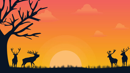landscape design of old meadows and trees with sunset and some deer