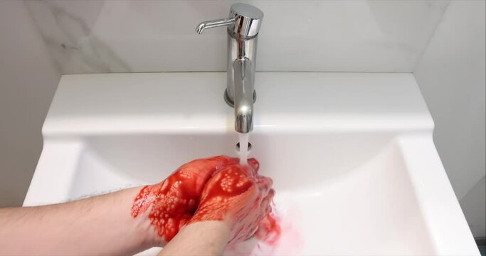 Top view of person washing bleeding hands in sink. Concept: Murder evidence.