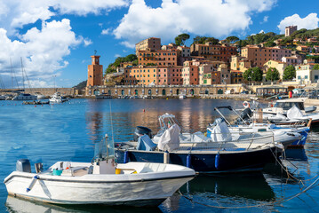 Landscape with Rio Marina village and harbour, Elba islands, Tuscany, Italy