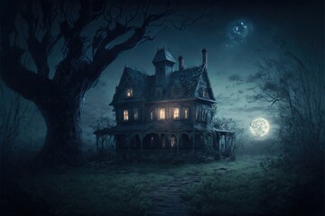 Creepy Haunted House at Night, Halloween Background, Concept Art, Digital Illustration, Generative AI