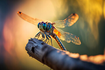 dragonfly on branch. Generative AI	 - obrazy, fototapety, plakaty
