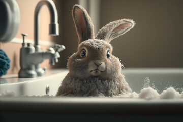 Fluffy cute rabbit take a bath. Grey bunny with foam. Illustration generated by AI.