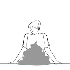 woman tired or puzzled stands over a pile of things or garbage - line drawing vector. the concept of reluctance to disassemble the trash or clean up