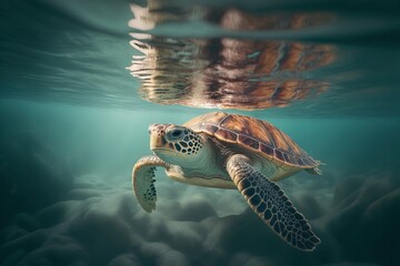 Sea turtle  swimming underwater. Illustration generated by AI.