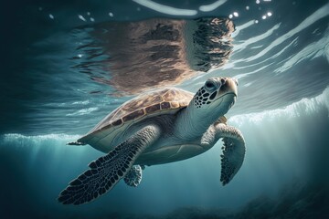 Obraz premium Tortoise swimming in the ocean. Illustration generated by AI.