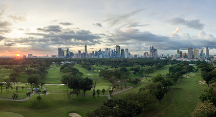 Fototapeta na wymiar Aerial Drone Panorama Picture of Manila Philippines Skyline during Sunset