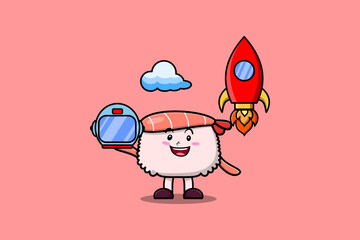 Cute mascot cartoon character Sushi shrimp as astronaut with rocket, helm, and cloud in cute style 
