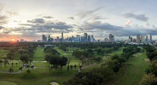 Aerial Drone Panorama Picture of Manila Philippines Skyline during Sunset