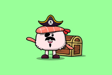 Cute cartoon character Sushi shrimp pirate illustration in modern style design