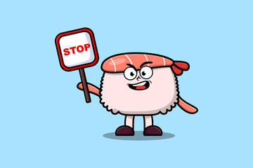 Cute Cartoon mascot illustration Sushi shrimp with stop sign board vector drawing   