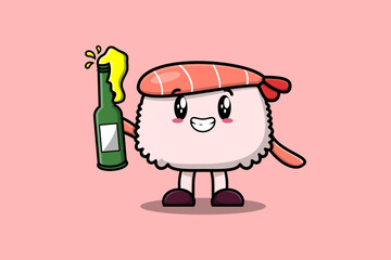 Cute cartoon character Sushi shrimp with soda bottle in modern cute style design flat illustration