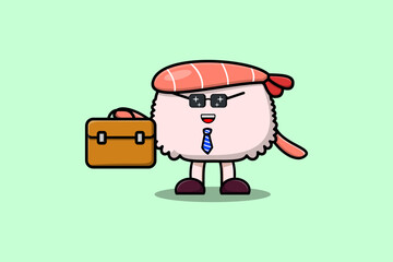 Cute cartoon Sushi shrimp businessman character holding suitcase illustration