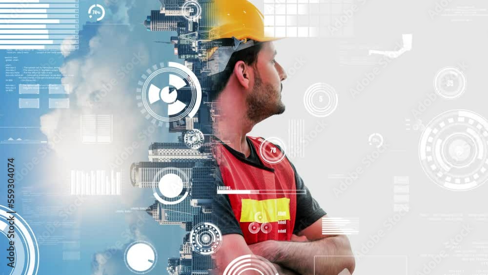 Poster future building construction and inventive engineering project concept with hud hologram graphic des