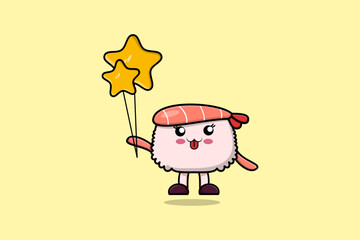 Cute cartoon Sushi shrimp floating with balloon cartoon vector illustration 