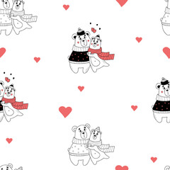 Love seamless pattern. Cute romantic hugging bears on white background with hearts. Vector illustration in doodle style. Endless background for valentines, wallpapers, packaging, print.