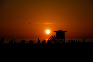 Naklejka premium Sunset over beach house with birds