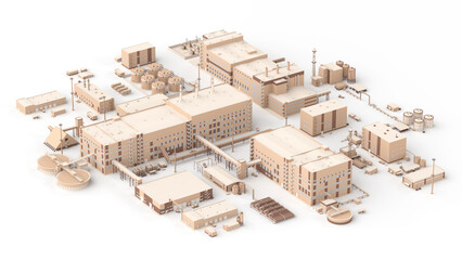 Factory buildings in isometrics on a white background. Top view of the mining and processing plant with warehouses, tanks, pipes and industrial equipment. 3d illustration