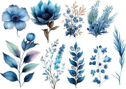 Blue Watercolor leaves and flowers floral arrangement set