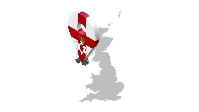 Location Northern Ireland on map United Kingdom. 3d Northern Ireland flag map marker location pin. Map of United Kingdom showing different parts. Animated map parts of United Kingdom. 4K.  Video