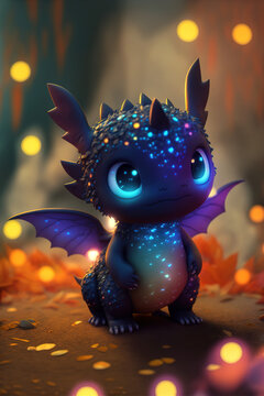 Purple magical baby dragon with small wings and anime eyes, Generative AI