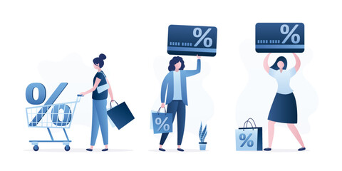 Collection of women shoppers with loyalty card, shopping trolley and clothes. Consumers shop in store or supermarket. Set of female characters, shopping and consumption process.