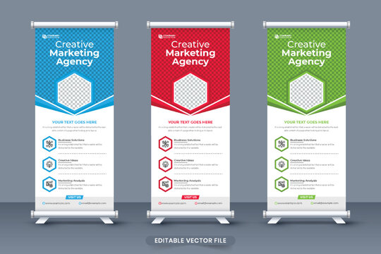 Creative marketing agency roll up banner design with red, blue, and green colors. Business promotional standee banner template with geometric shapes. Corporate exhibition poster design for marketing.